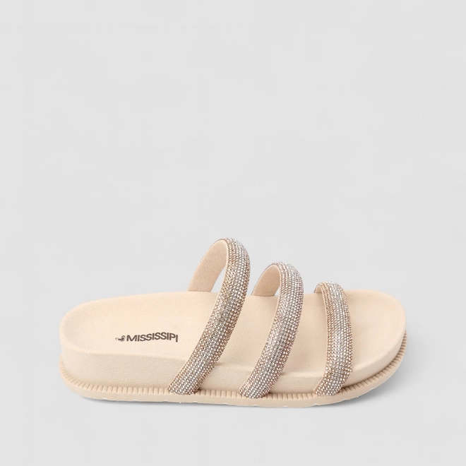 Tamanco Feminino Mississipi Strass Multi Tiras Bege