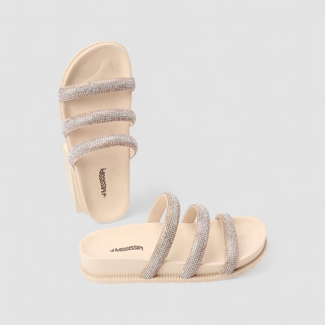 Tamanco Feminino Mississipi Strass Multi Tiras Bege
