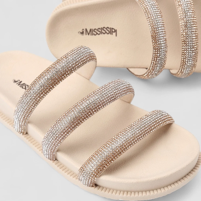 Tamanco Feminino Mississipi Strass Multi Tiras Bege