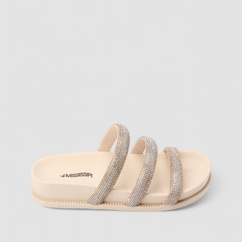 Tamanco Feminino Mississipi Strass Multi Tiras Bege