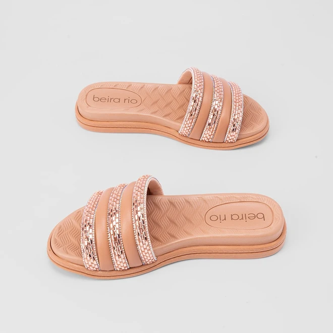 Tamanco Slide Beira Rio Flatform Tiras Pedraria Nude