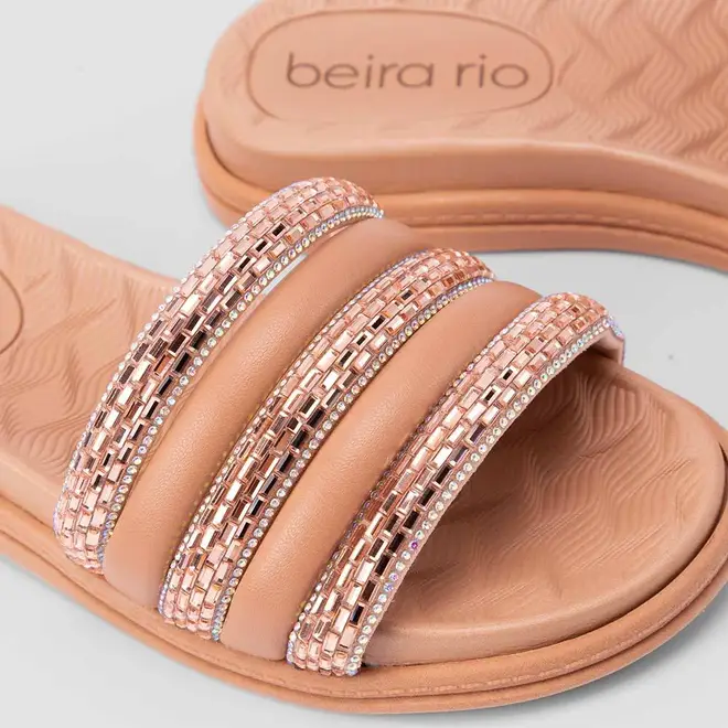 Tamanco Slide Beira Rio Flatform Tiras Pedraria Nude