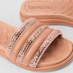 Tamanco Slide Beira Rio Flatform Tiras Pedraria Nude