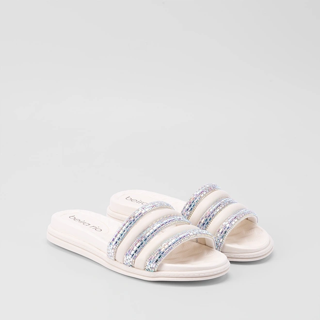 Tamanco Slide Beira Rio Flatform Tiras Pedraria Branco