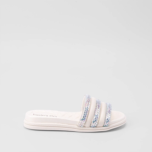 Tamanco Slide Beira Rio Flatform Tiras Pedraria Branco