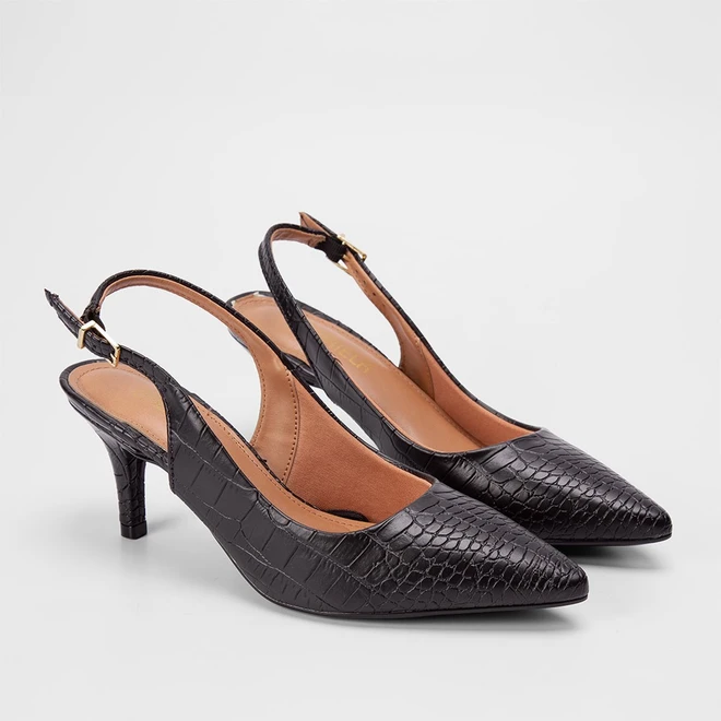 Scarpin Slingback Gabriela Salto Fino Croco Preto