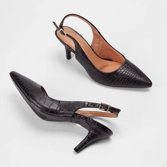 Scarpin Slingback Gabriela Salto Fino Croco Preto