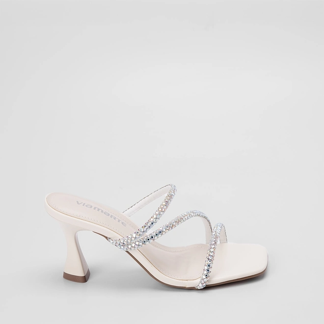 Tamanco Via Marte Salto Alto Tiras Pedraria Off White