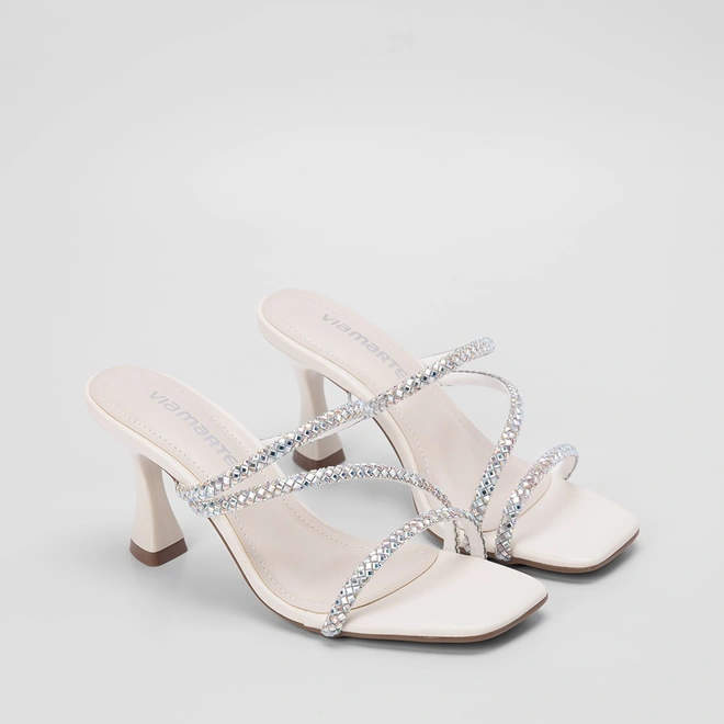 Tamanco Via Marte Salto Alto Tiras Pedraria Off White