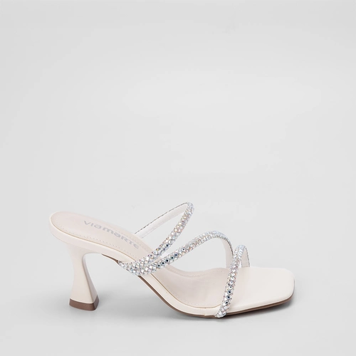 Tamanco Via Marte Salto Alto Tiras Pedraria Off White