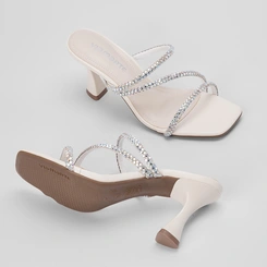 Tamanco Via Marte Salto Alto Tiras Pedraria Off White