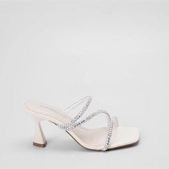 Tamanco Via Marte Salto Alto Tiras Pedraria Off White