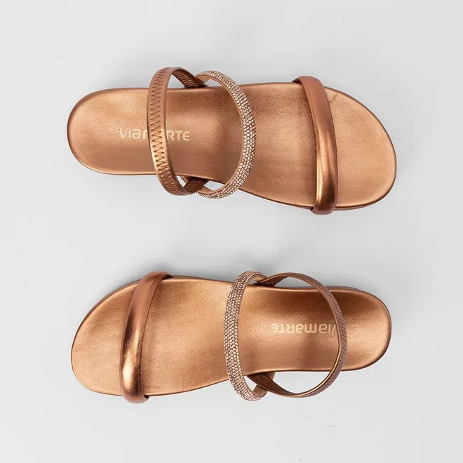 Sandália Papete Via Marte Tira Strass Metalizado Bronze
