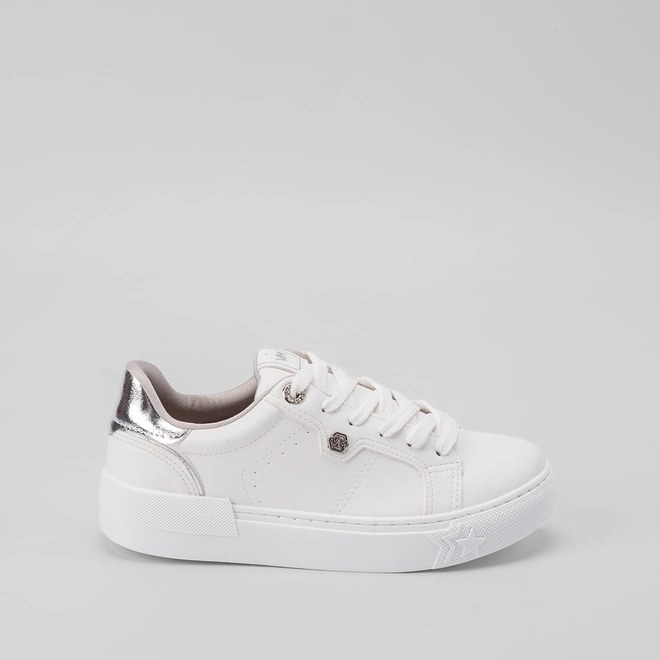 Tênis Via Marte Feminino Recortes Ilhós Strass Prata & Branco