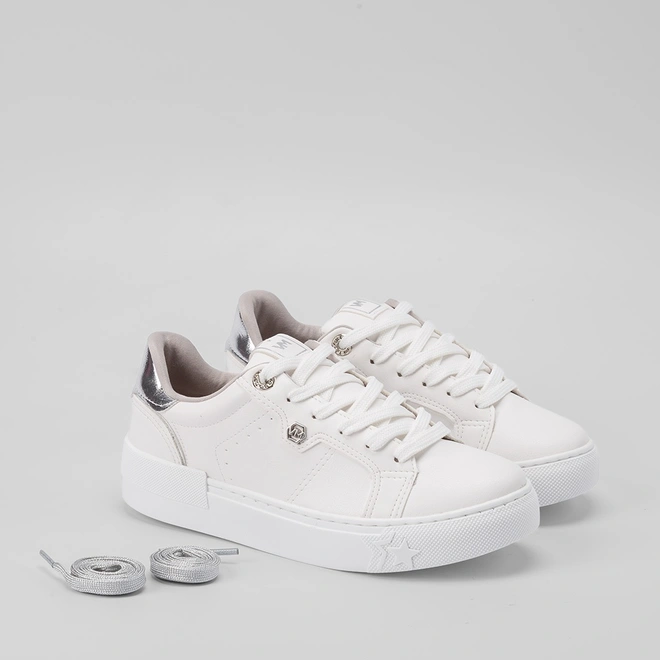 Tênis Via Marte Feminino Recortes Ilhós Strass Prata & Branco