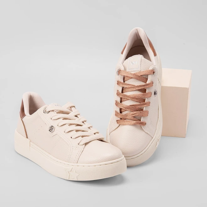 Tênis Via Marte Feminino Recortes Ilhós Strass Bronze & Bege