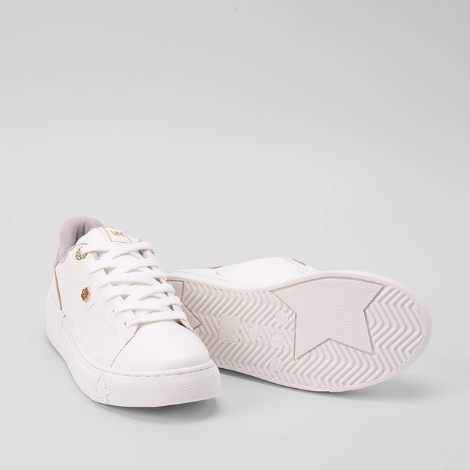 Tênis Via Marte Feminino Recortes Ilhós Strass Dourado & Branco