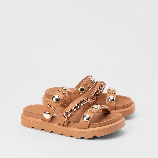 Tamanco Feminino Vizzano Tratorado Tiras Detalhe Rebite & Corrente Caramelo