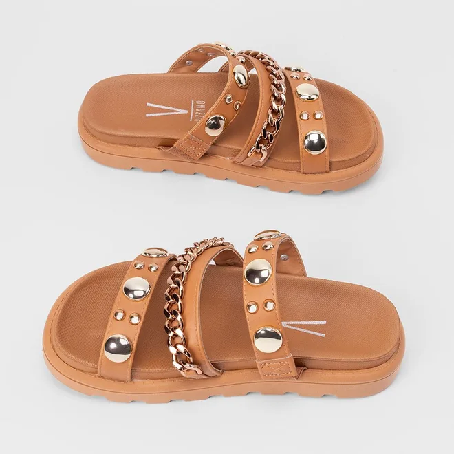 Tamanco Feminino Vizzano Tratorado Tiras Detalhe Rebite & Corrente Caramelo