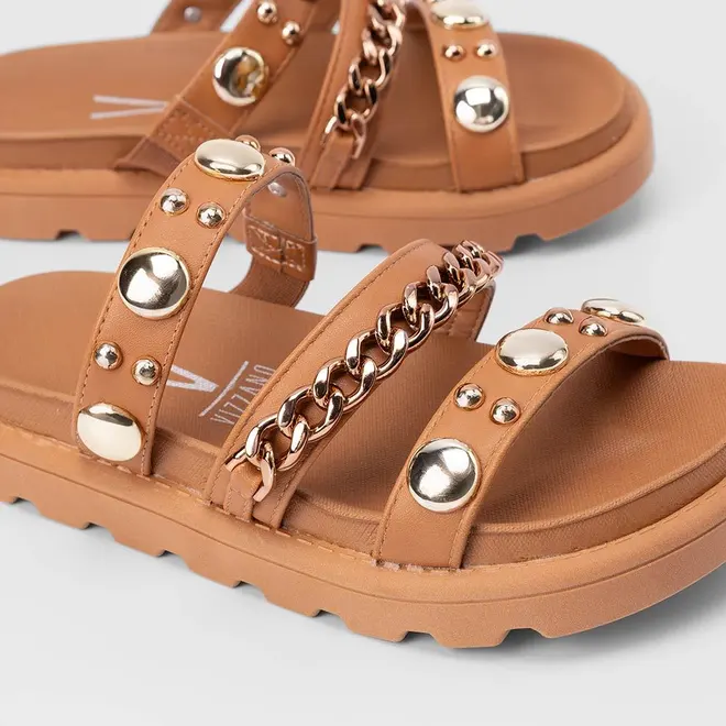 Tamanco Feminino Vizzano Tratorado Tiras Detalhe Rebite & Corrente Caramelo