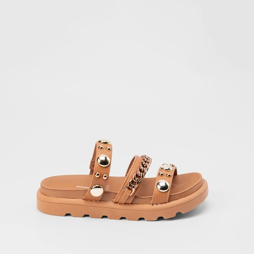 Tamanco Flat Vizzano Tiras Detalhe Rebite & Corrente Caramelo