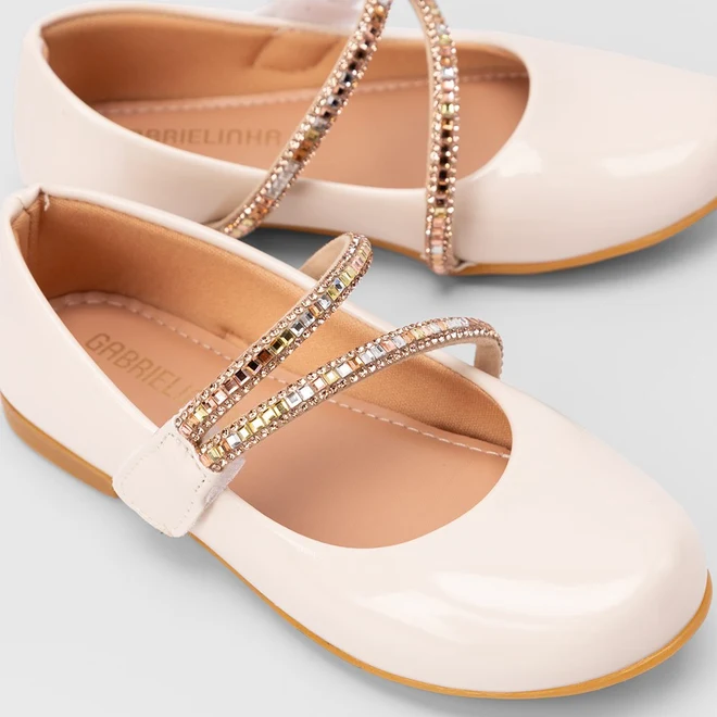 Sapatilha Boneca Infantil Gabrielinha Tiras Pedraria Verniz Off White