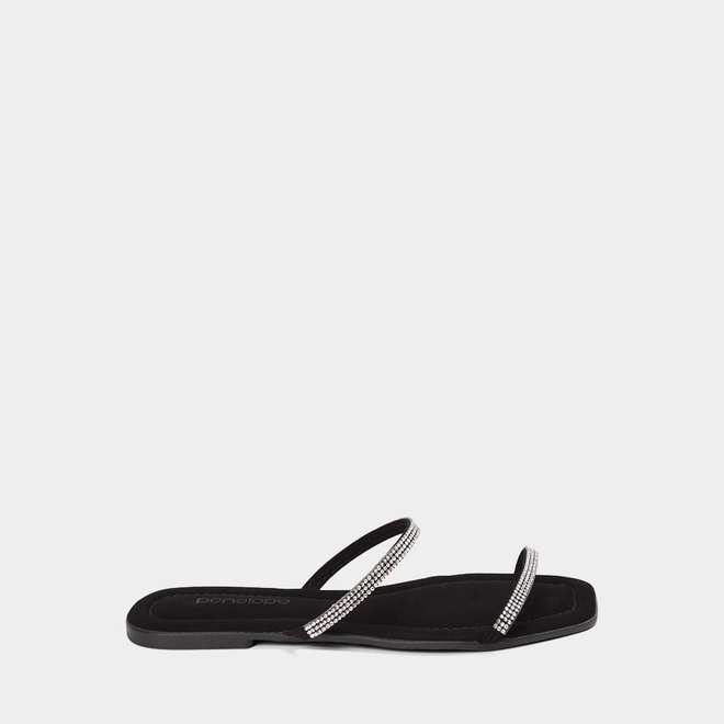 Rasteira Feminina Penélope Tiras Slim Strass Nobuck Preto