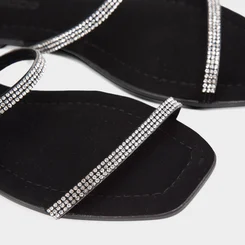 Rasteira Feminina Penélope Tiras Slim Strass Nobuck Preto