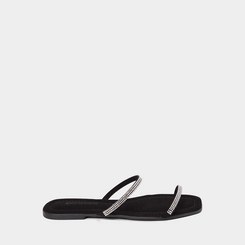 Rasteira Feminina Penélope Tiras Slim Strass Nobuck Preto