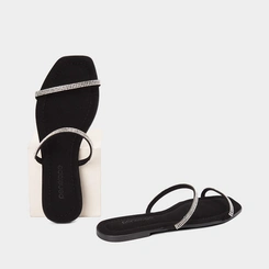 Rasteira Feminina Penélope Tiras Slim Strass Nobuck Preto