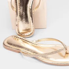 Rasteira Feminina Penélope Tiras de Dedo Strass Metalizada Ouro