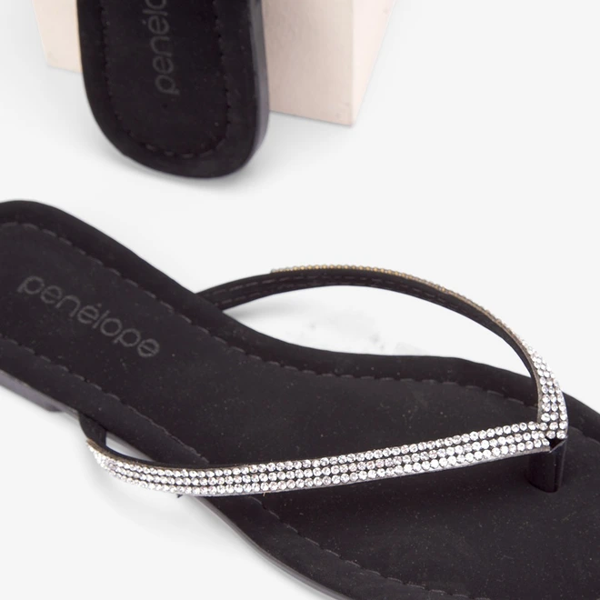 Rasteira Feminina Penélope Tiras de Dedo Strass Nobuck Preto