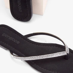 Rasteira Feminina Penélope Tiras de Dedo Strass Nobuck Preto