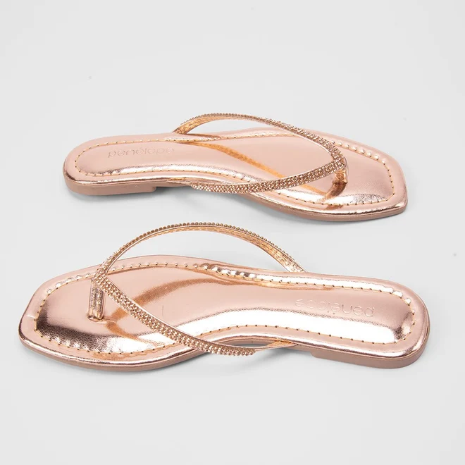 Rasteira Feminina Penélope Tiras de Dedo Strass Metalizada Ouro Rose