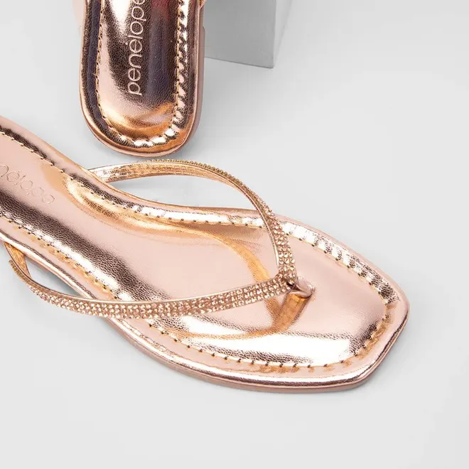 Rasteira Feminina Penélope Tiras de Dedo Strass Metalizada Ouro Rose