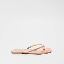 Rasteira Feminina Penélope Tiras de Dedo Strass Metalizada Ouro Rose