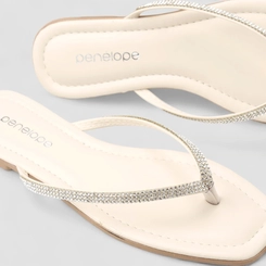 Rasteira Feminina Penélope Tiras de Dedo Strass Off White