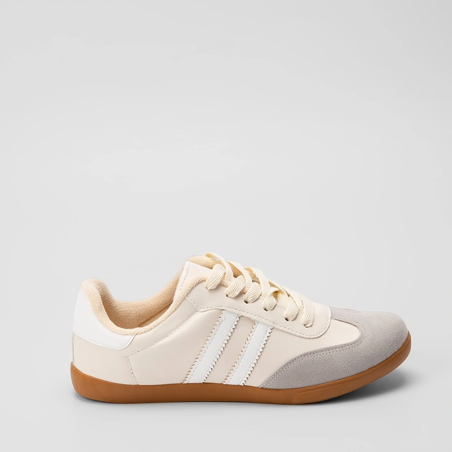 Tênis Casual Feminino Penélope Detalhe Recorte Nobuck Bege & Cinza