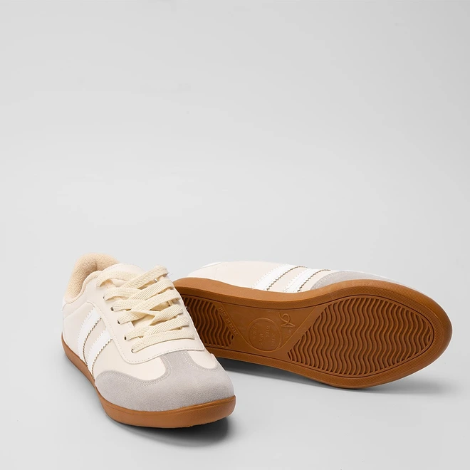 Tênis Casual Feminino Penélope Detalhe Recorte Nobuck Bege & Cinza