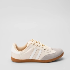 Tênis Casual Feminino Penélope Detalhe Recorte Nobuck Bege & Cinza