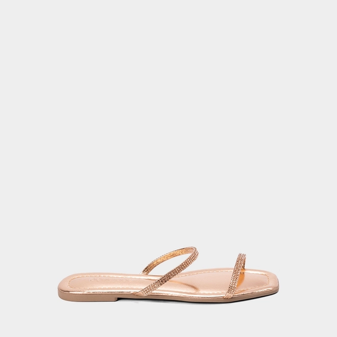 Rasteira Feminina Penélope Tiras Slim Strass Metalizada Ouro Rose