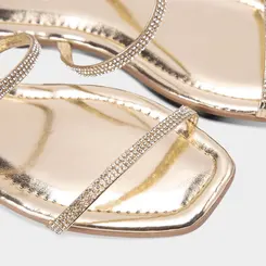Rasteira Feminina Penélope Tiras Slim Strass Metalizada Ouro