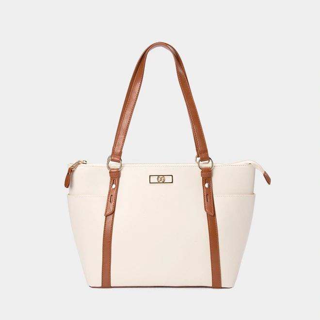Bolsa Shopping Bag Gabriela Grande Texturizada Off White & Caramelo