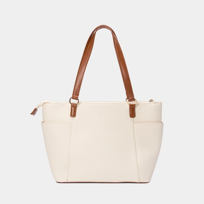 Bolsa Shopping Bag Gabriela Grande Texturizada Off White & Caramelo