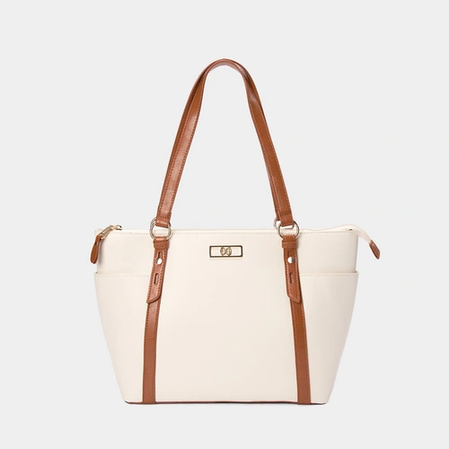 Bolsa Shopping Bag Gabriela Texturizada Off White & Caramelo
