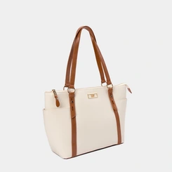 Bolsa Shopping Bag Gabriela Grande Texturizada Off White & Caramelo