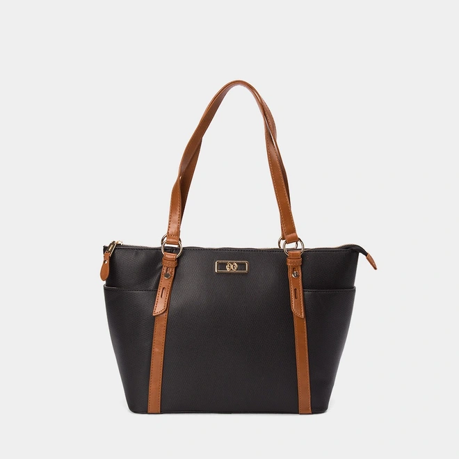Bolsa Shopping Bag Gabriela Grande Texturizada Preto & Caramelo