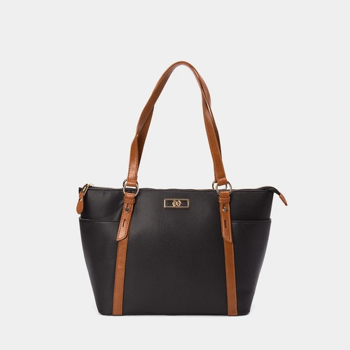 Bolsa Shopping Bag Gabriela Texturizada Preto & Caramelo