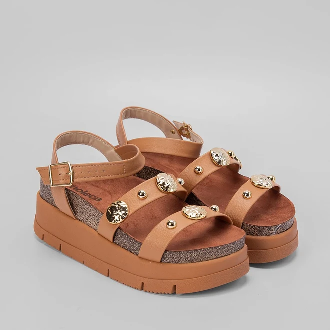 Sandália Flatform Moleca Aplicação Esferas Caramelo