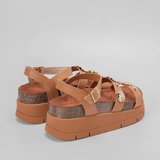 Sandália Flatform Moleca Aplicação Esferas Caramelo